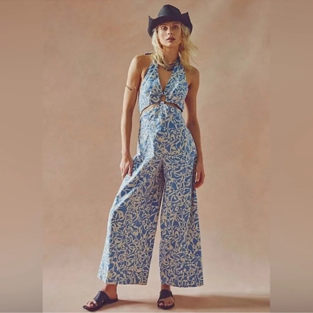 Free People Floral Blue Jumpsuit - Size S - NWT - Picture 1 of 6